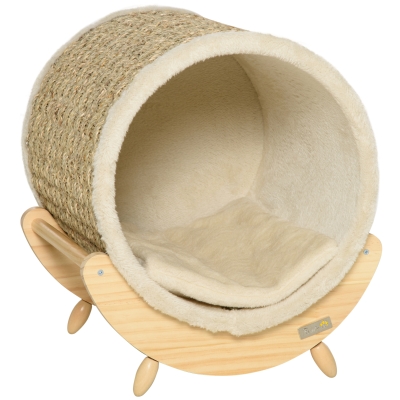 PawHut Cama Elevada para Gatos Cueva para Mascotas Tipo Barril con Superficie para Rascar y Cojín 41x38x43 cm Natural