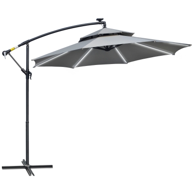 Outsunny Ampelschirm Ø295 cm LED Solar Sonnenschirm mit Ständer Marktschirm Wasserabweisend für Garten Terrasse Alu Hellgrau