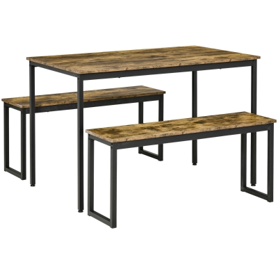 HOMCOM Küchentisch-Set Industriell Esstisch mit 2 Bänken Essgruppe Esstisch Set für Wohnzimmer Metall Rustikales Braun 114 x 71 x 75 cm