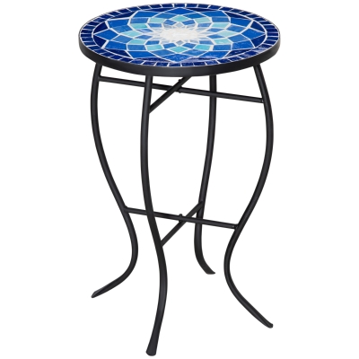 Outsunny Ø35,5 cm Beistelltisch Gartentisch Blumenhocker rund wetterfest Mosaik für Garten Terassen Balkon Eisen Blau+Weiß