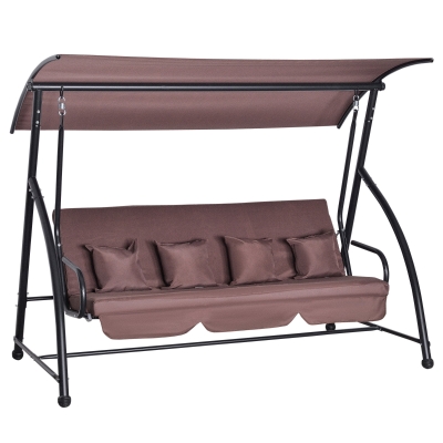 Outsunny Hollywoodschaukel Gartenschaukel Hängebank 3 sitzer Schaukel mit verstellbarem Dach Liegefunktion Polyester Braun 215 x 120 x 165 cm