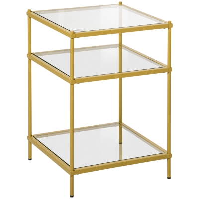 HOMCOM Beistelltisch mit 3 Glasböden Couchtisch Nachttisch mit 3 Regalen mit Stahlrahmen Indoor Outdoor Glas Gold 40 x 40 x 60 cm