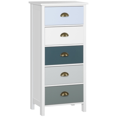 HOMCOM Chiffonnier commode meuble de rangement 5 tiroirs multicolores avec poignée métal coquille MDF - dim. 45L x 30l x 95,4H cm