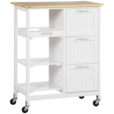 HOMCOM Desserte de cuisine à roulettes chariot de service avec plan de travail en bois de pin - 2 étagère, 1 plateau amovible et 3 tiroirs