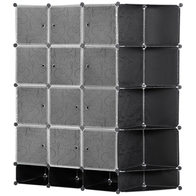 HOMCOM Armário Modular de Plástico Armário Portátil com 16 Cubos e 2 Barras Organizador de Sapatos Roupas Brinquedos para Entrada Corredor Dormitório 145x46x162cm Preto e Branco