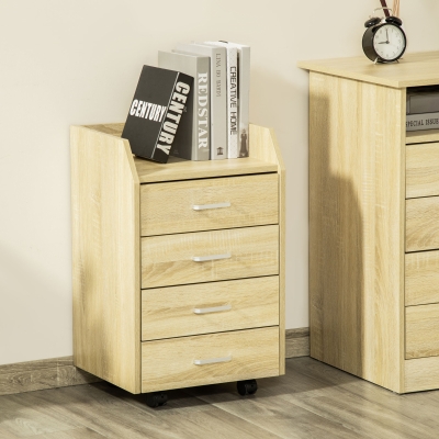 Vinsetto Cajonera de Oficina Mueble Auxiliar para Archivos con 4 Cajones Encimera Superior de Almacenaje 4 Ruedas y 2 Frenos para Estudio Despacho 40x36x65 cm Natural