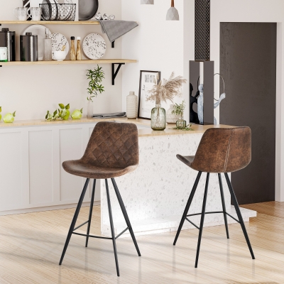 HOMCOM Set Of 2 Bar Stools Vintage Microfiber Cloth Tub Seats Padded Comfortable Steel Frame Footrest Quilted Home Business Bar Cafe Kitchen Chair Stylish Brown