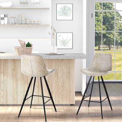 HOMCOM Set Of 2 Bar Stools Vintage Microfiber Cloth Tub Seats Padded Comfortable Steel Frame Footrest Quilted Home Business Bar Cafe Kitchen Chair Stylish Grey