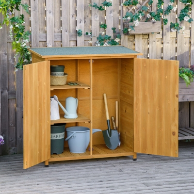 Outsunny Garden Shed Wooden Garden Storage Shed Fir Tool Cabinet Organiser with Shelves Double Door, 110L x 55W x117Hcm, Natural
