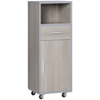 kleankin Armário Casa de Banho com 1 Gaveta 1 Armário e Prateleira Aberta Móvel Auxiliar de Armazenamento com Rodas Anti-Rolamento para Sala de Estar Cozinha Dormitório 30x32x87cm Madeira e Cinza