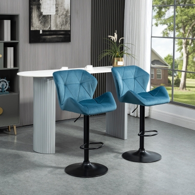 HOMCOM Set Of 2 Luxurious Velvet-Touch Bar Stools w/ Metal Frame Footrest Round Base Triangle Indenting Moulded Seat Adjustable Height Swivel Blue