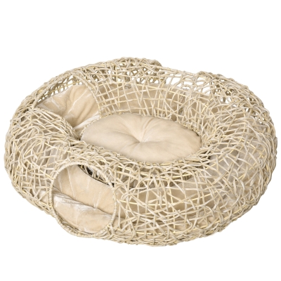 PawHut Cama para Gatos de Vime PE 78x69x22cm Cama para Gatos com Almofada Suave 3 Orifícios de Acesso e Canal em Forma de Anel Natural