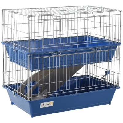 PawHut Kleintierkäfig mit 2 Ebenen und Zubehör 72 cm x 44 cm x 67 cm Blau + Grau + Silber