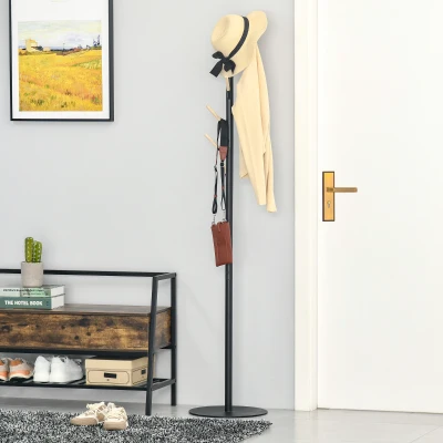 HOMCOM Coat Rack, 174cm Free Standing Coat Stand with 6 Hooks and Round Base, Clothes Tree Hat Display for Hallway, Bedroom, Black