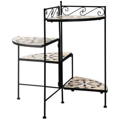 Outsunny Blumenständer 4-Stufe-Blumentreppe faltbar dekorative für Innen und Außen Garten Balkon Metall Keramikfliesen Schwarz+Beige 64 x 64 x 72 cm