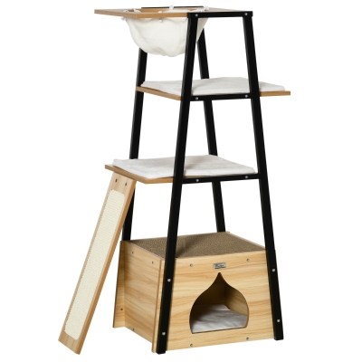 Pawhut Kratzbaum mit Katzenhöhle Katzenhaus Katzenbaum mit Katzenbett Leiter Hängematte Plattform Spielzeug Katzenregal Katzenkratzbaum Sisal Beige 83 x 45 x 121 cm