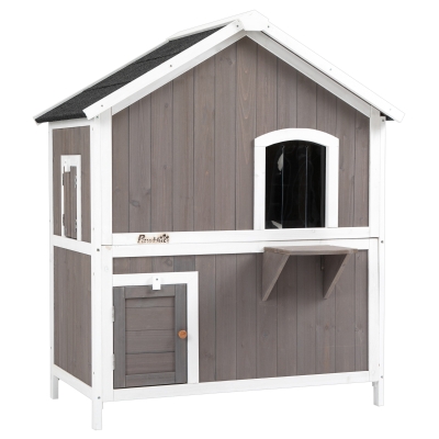 PawHut Katzenhaus Tannenholz Katzenhütte Katzenhöhle mit Plattform Katzenvilla Kleintierhaus für Katzen 2 Ebenen Indoor Outdoor Katzengehege wärmeisoliert wetterfest Grau 100 x 62,5 x 119 cm