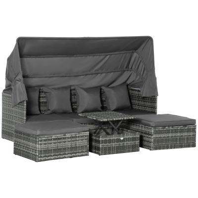Outsunny Poly Rattan Lounge Set Loungegruppe mit Sonnendach Faltdach Sitzgruppe Sonneninsel inkl. Kissen und Beistelltisch Gartenmöbel Outdoor Grau