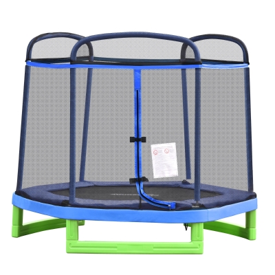 HOMCOM 7FT Kinder Trampolin mit Sicherheitsnetz Kleinkind-Trampolin für drinnen und draußen Fitnesstrampolin Gartentrampolin für 3-12 Jahre Kinder bis 80 kg Stahl Blau+Grün 215 x 200 x 190 cm