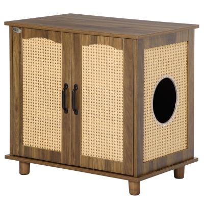 PawHut Katzenschrank für Katzentoilette Katzenklo Katzenhaus mit Magnettüren Katzenkommode Schrank Spanplatte PE-Rattan Walnuss 70 x 48 x 68 cm