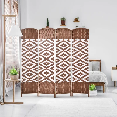Paravent 4 Panneaux Osier Marron Blanc Pliable