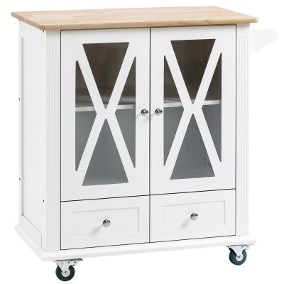 HOMCOM Küchenwagen Servierwagen Küchentrolley mit versteckten Rollen und Handtuchhalter Rollwagen im Landhausstil für Küche Wohnzimmer Esszimmer MDF Natur+Weiß 80 x 45 x 92 cm