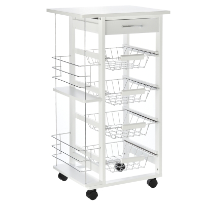 HOMCOM Küchenwagen Servierwagen 5 Ebenen mit Schublade Rollwagen Küchenregal mit Rollen Arbeitsplatte Kiefernholz Weiß 47 x 37 x 83 cm