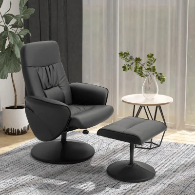 HOMCOM Poltrona Relax com Apoio para os Pés Estofada em PU Poltrona Relax Reclinável até 145° e Giratório 360° com Encosto Ajustável para Sala de Estar Dormitório Escritório 81x81x105cm Preto