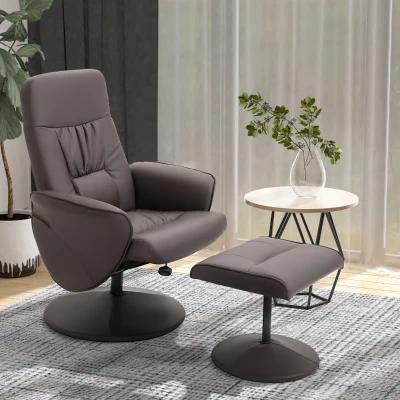 HOMCOM Poltrona Relax com Apoio para os Pés Estofada em PU Poltrona Relax Reclinável até 145° e Giratório 360° com Encosto Ajustável para Sala de Estar Dormitório Escritório 81x81x105cm Marrom