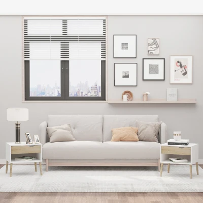 HOMCOM Conjunto de 2 Mesas de Cabeceira Mesa Auxiliar com 1 Gaveta e Prateleira de Armazenamento para Dormitório Sala de Estar Escritório Estilo Moderno 50x39x51cm Branco e Carvalho