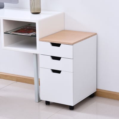 HOMCOM Rollcontainer, Bürocontainer mit 3 Schubladen, Büroschrank, Aufbewahrung, Container,4 Universalräder, Spanplatte, Weiß+Natur, 34 x 40 x 60,5 cm
