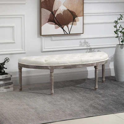 HOMCOM Gestoffeerde Bank Zitbank Vintage Retro Bedbank met Knopen Fluweelzachte Aanraking Rubberhout Beige 142 x 49 x 49 cm