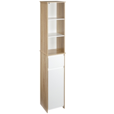 kleankin Badregal Badregal Badmöbel Badezimmerschrank mit Verstellbares Regal Hochschrank Standschrank mit 3-stufigen offenen Regal Schrank Schublade Umschlagdesign platzsparend MDF Naturholz+Weiß
