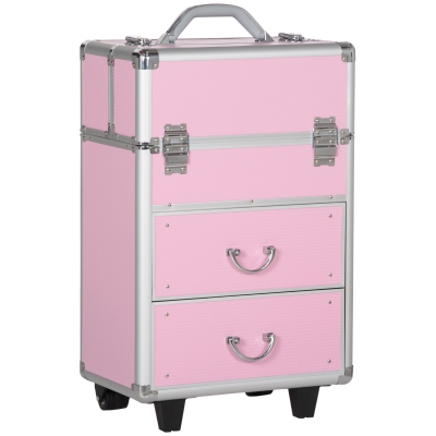 HOMCOM Valise trolley maquillage malette cosmétique vanity poignée télescopique réglable 36L x 23l x 58H cm alu ABS rose