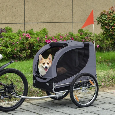 HOMCOM Remorque velo pour chien animaux avec drapeau et 8 reflecteurs gris et noir