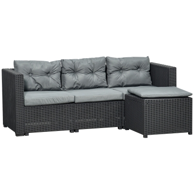 Salon de jardin canapé 3 places + pouf 7 coussins PP rotin tressé gris