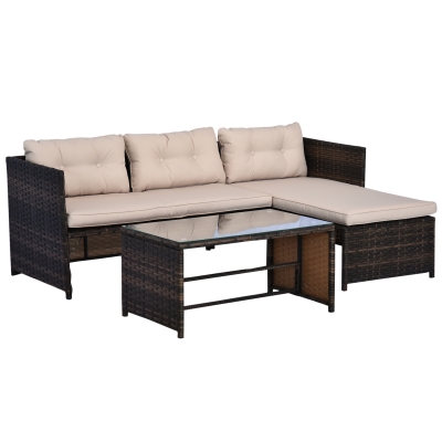 Outsunny Ensemble Salon de Jardin 2 pièces canapé d'angle 4 Places + Table Basse Plateau Verre trempé + 5 Coussins résine tressée Brun