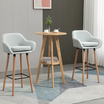 HOMCOM Tabourets de Bar Design scandinave - Lot de 2 tabourets de Bar Grand Confort avec Repose-Pieds et accoudoirs - Bois d'hévéa Lin gris