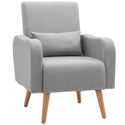 HOMCOM Fauteuil de salon scandinave avec coussin pieds effilés bois de hêtre tissu lin dim. 72 x 77 x 93 cm gris clair