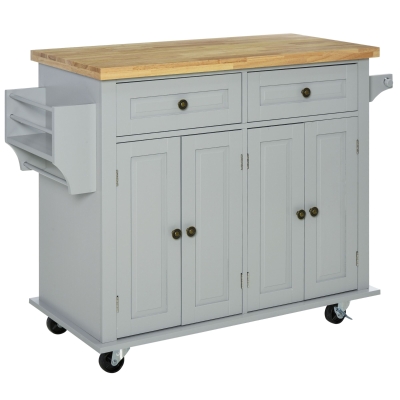 HOMCOM Dessert ilôt de cuisine multi rangements 2 tiroirs 2 placard 2 portes avec étagère range-bouteille porte-torchons MDF gris hévéa