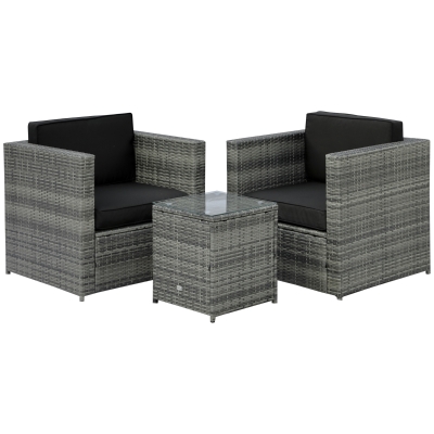 Outsunny Ensemble salon de jardin 2 personnes 3 pièces 2 fauteuils avec coussins + table basse plateau verre trempé résine tressée gris mélangé