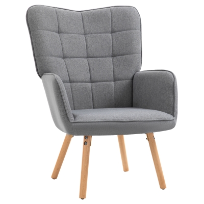 HOMCOM Fauteuil Relax Fauteuil scandinave Fauteil de salon chambre Dossier capitonné piètement en Bois revêtement Lin Gris