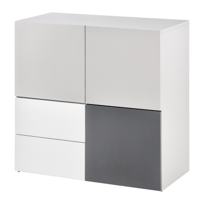 HOMCOM Buffet 2 tiroirs coulissants 3 portes panneaux particules tricolore gris clair, foncé et blanc