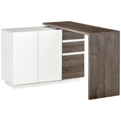 HOMCOM Bureau d'angle Bureau Informatique table de salle à manger multimédia Multi-Rangement modulable 2 Portes 3 tiroirs MDF Blanc Aspect Bois Brun foncé