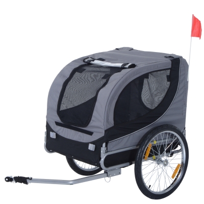Homcom Remorque velo pour chien animaux avec drapeau et 8 reflecteurs gris et noir