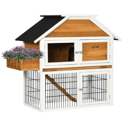 PawHut Clapier en bois pour lapin à 2 étages 3 portes verrouillables plateau coulissant rampe avec jardinière - 123L x 58l x 106H cm - bois de sapin