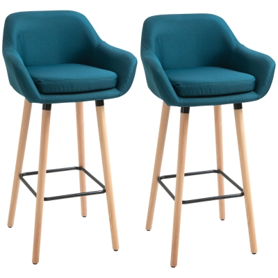 HOMCOM Tabourets de Bar Design scandinave - Lot de 2 tabourets de Bar Grand Confort avec Repose-Pieds et accoudoirs - Bois d'hévéa Lin bleu