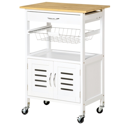 HOMCOM Chariot de service desserte de cuisine à roulettes meuble de rangement avec plateau en bambou panier en métal et armoire avec 2 portes persiennes dim. 58L x 37l x 83H cm - blanc