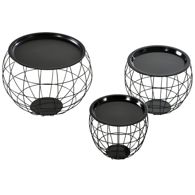 Lot de 3 tables basses gigognes tables d'appoint rondes encastrables style néo-rétro métal noir
