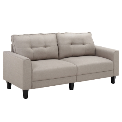 Canapé 2 places contemporain bois hévéa noir aspect lin beige